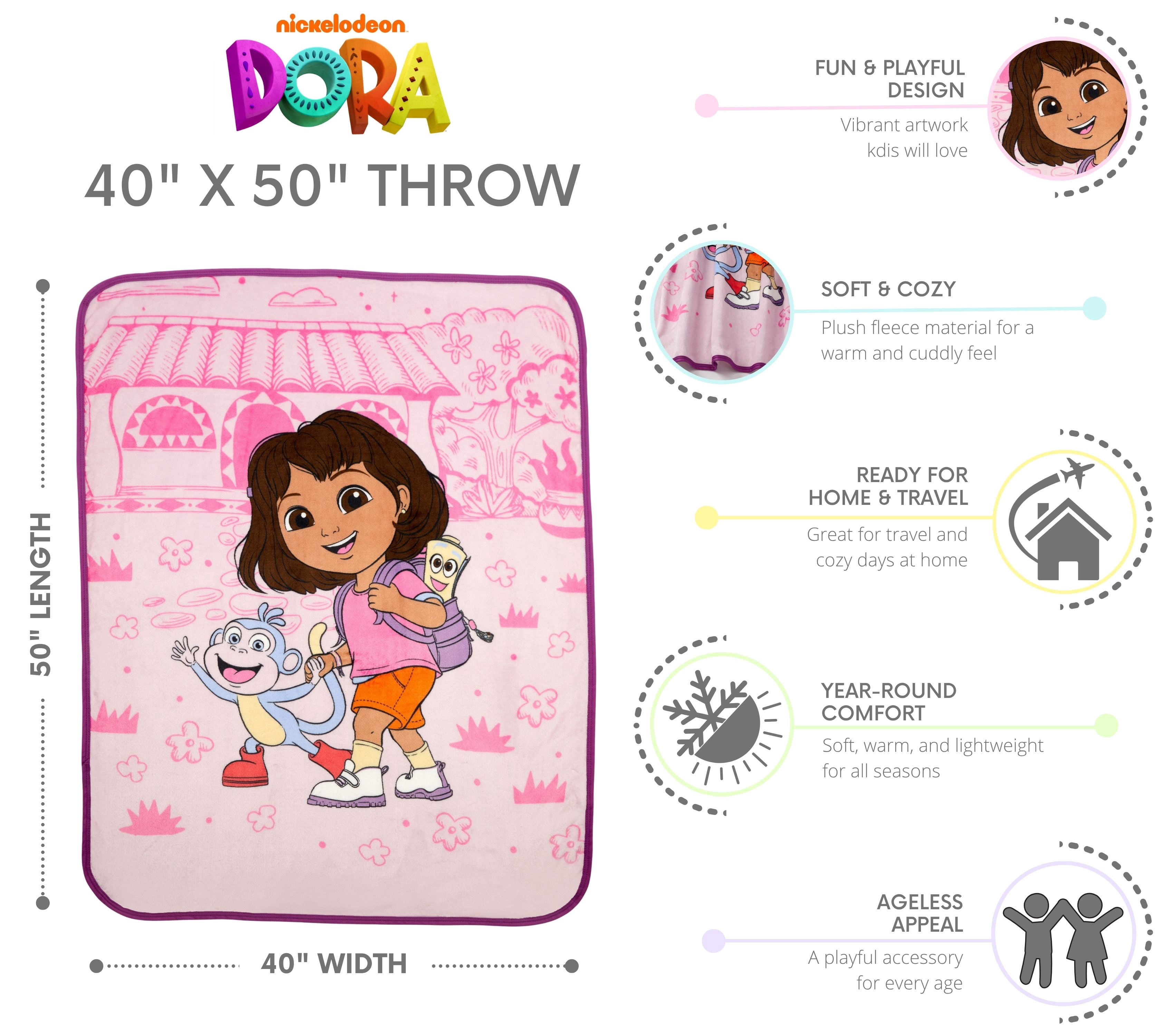 Dora Kids Pink Silky Soft Throw Blanket, 40x50