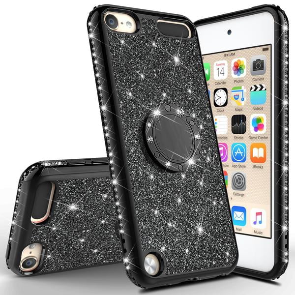 GW USA Hard TPU Case for Apple iPod Touch 5/6th Generation 2 in 1 Glitter Ring Stand Case for iPod Touch 6/iPod Touch 5 Case,Bling Diamond Black