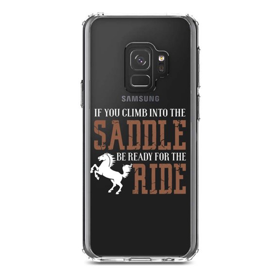 DistinctInk Clear Shockproof Hybrid Case for Samsung Galaxy S9 (5.8" Screen) - TPU Bumper Acrylic Back Tempered Glass Screen Protector - Climb into the Saddle, Ready for a Ride