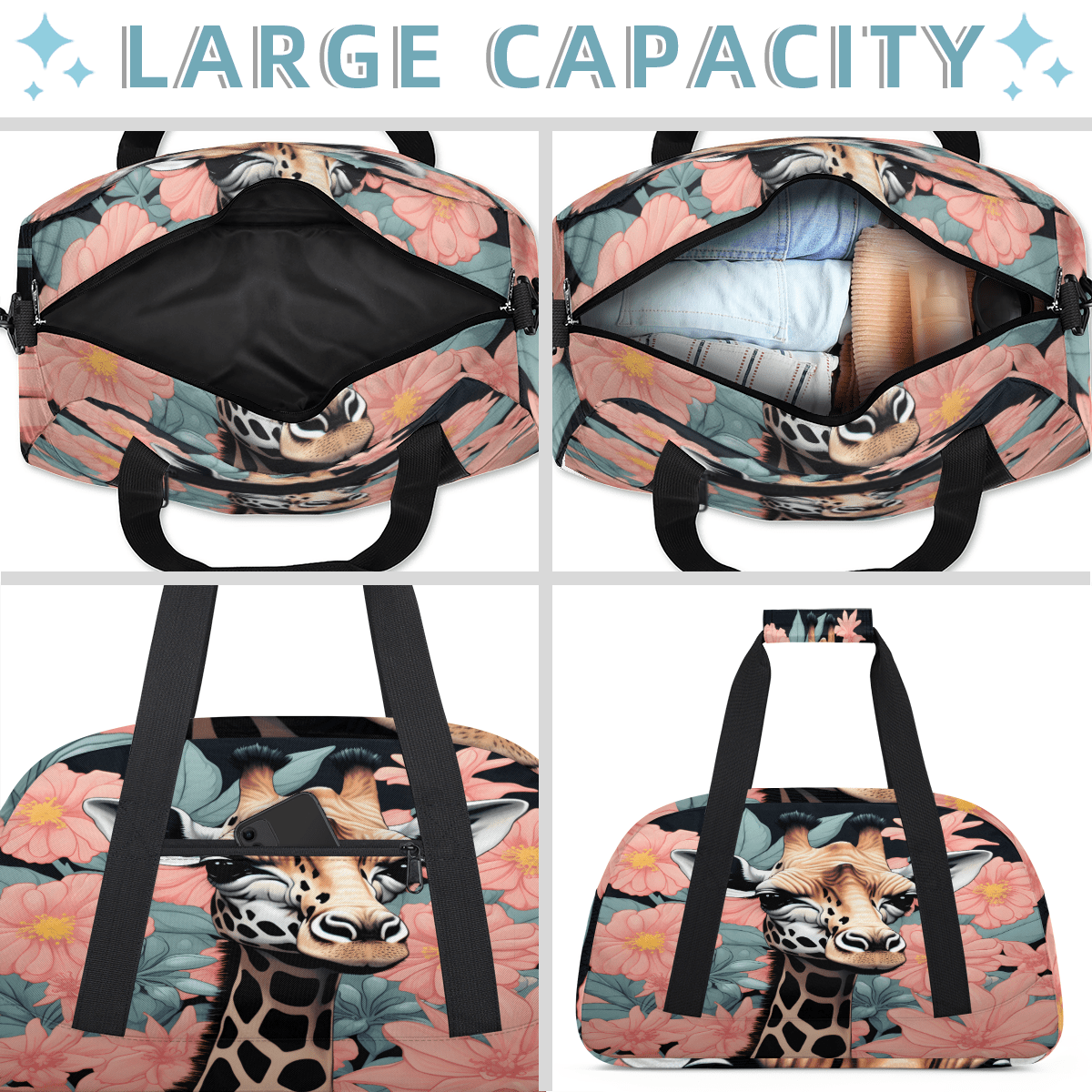 Herdesigns Giraffe Sports Duffle Bag for Women & Men, Flower Giraffe Gym Bag Dance Bag Overnight Bag Carry On Weekender Travel Bag
