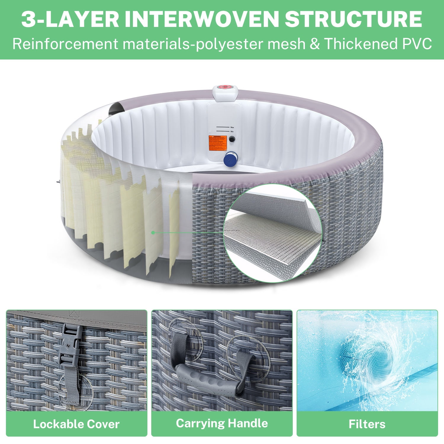 6-8 Person Portable Hot Tub w/Cup Holder, 82''Dia Inflatable Home Spa Tub with Hidden Machine, 130 Massage Jets, Rattan Pattern Hot Tub with Storage Bag Lockable Cover Floor Mat, 4 Filters, Max 104℉