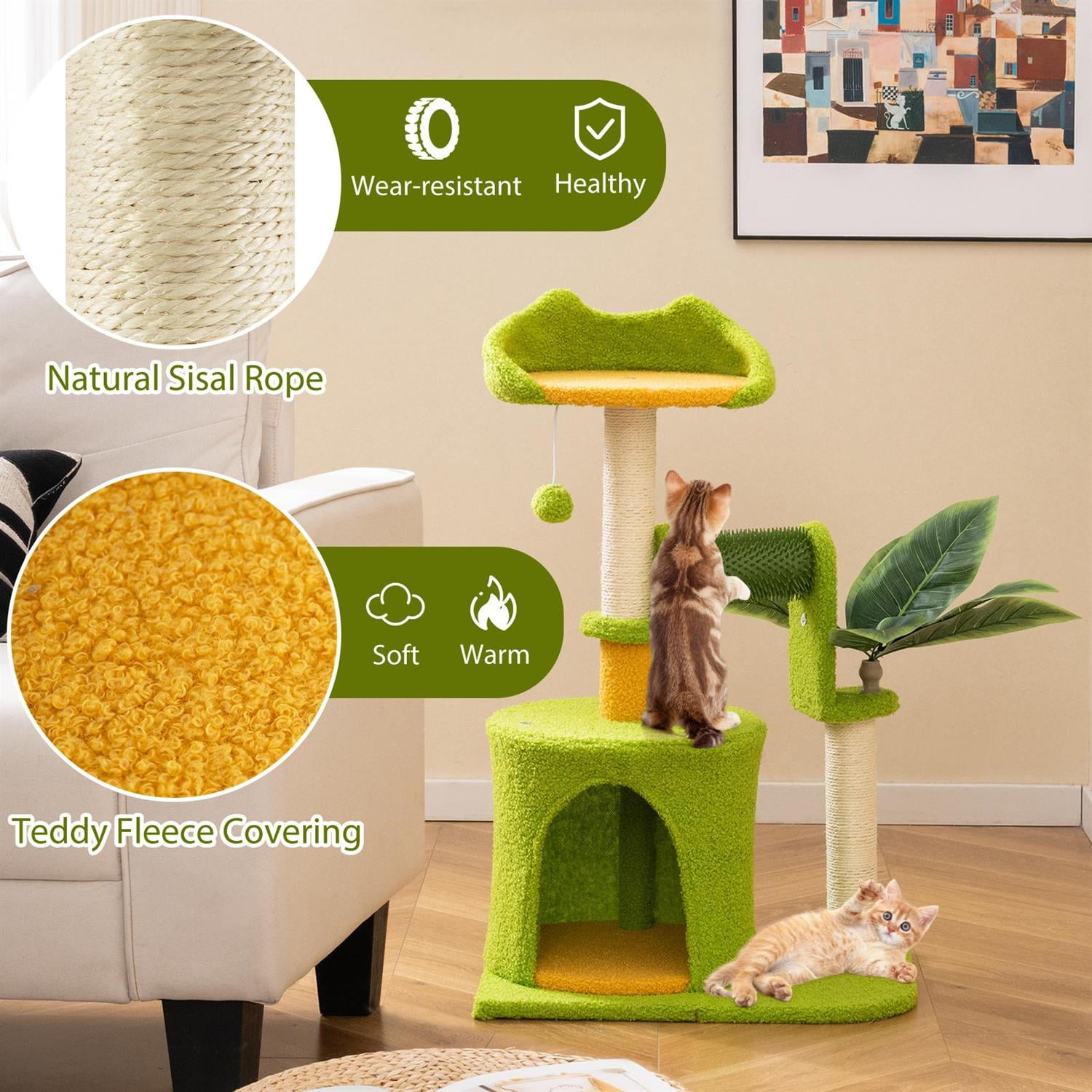 Pefilos Cute Palm Cat Tree for Indoor Cats, Artificial Leaves & Sisal Scratching Posts, Ear-shaped Perch, Green