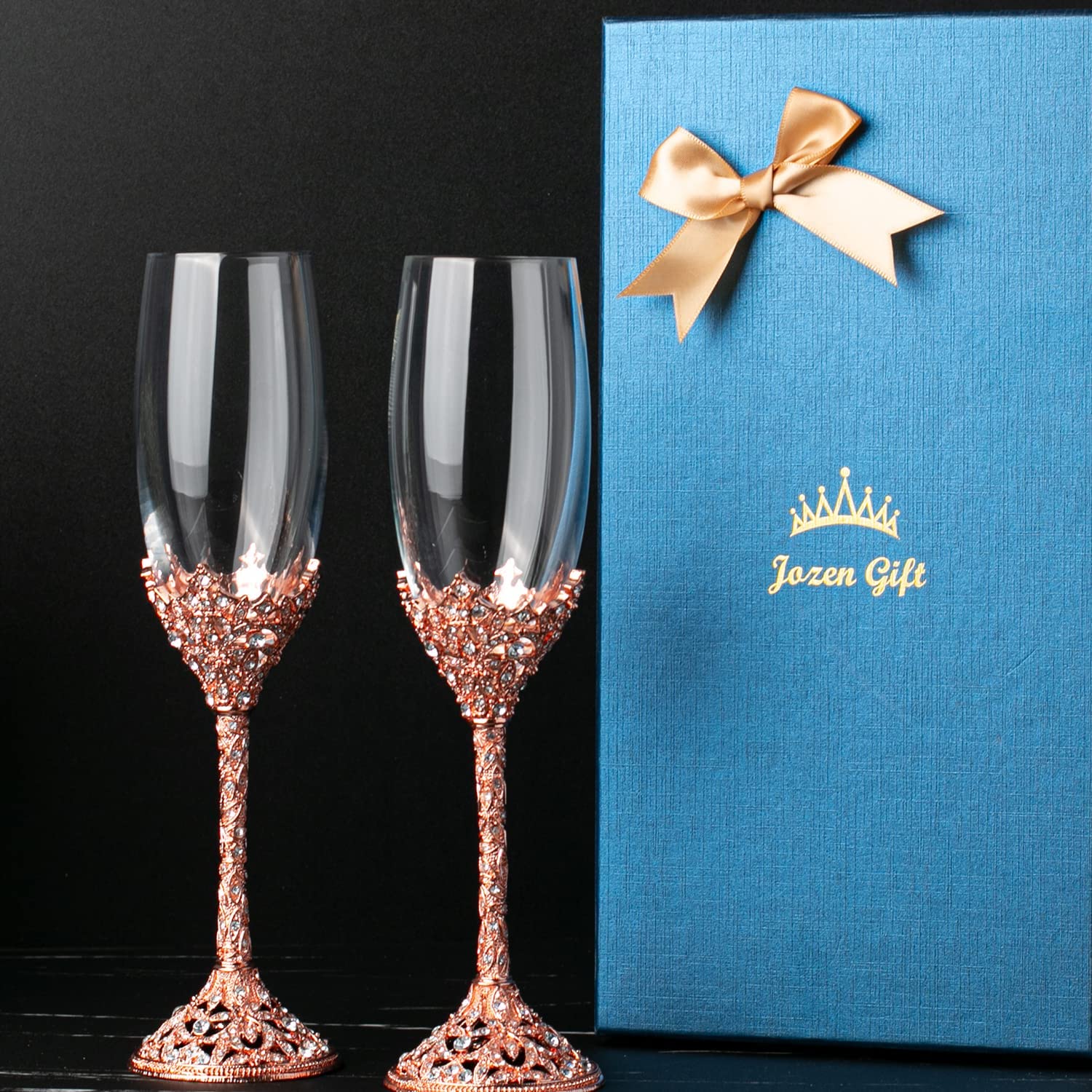 Champagne Flutes - Crystal Glass Metal Base With Crystal Stones, Set of 2 Toasting Flute Pair, Wedding Anniversary Party Birthday Banquets and Gifts for Bride and Groom7oz