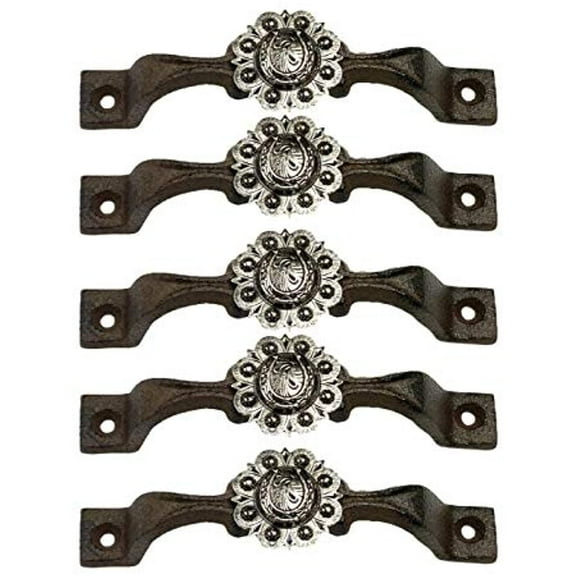 Urbalabs Cast Iron Kitchen Cabinet Handles and Drawer Pulls Western Concho Cross Horseshoe and Star Country Home Rustic Decor Farmhouse Cabinet Handle Cabinet Knobs (5, Silver Horseshoe)