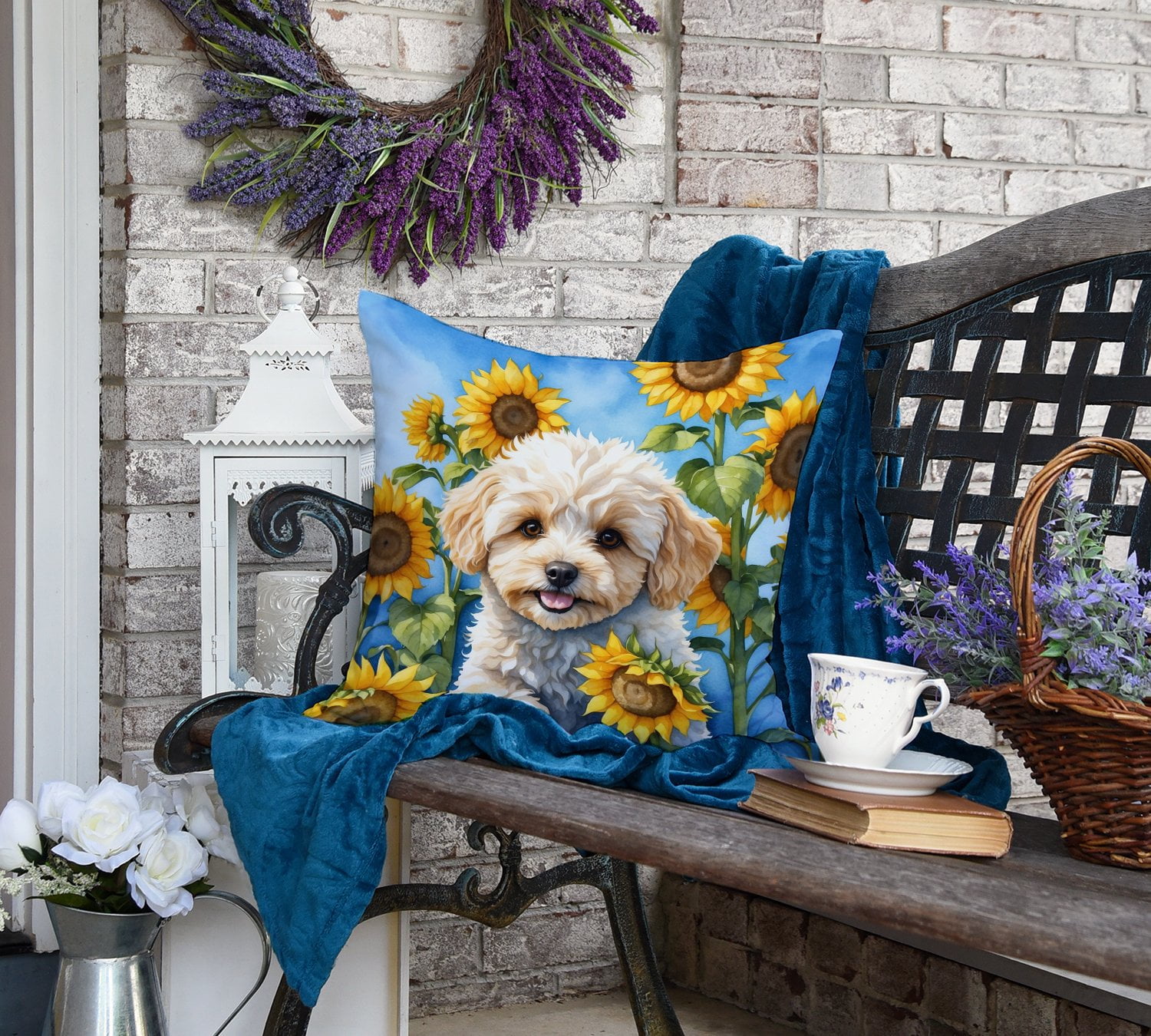 Maltipoo in Sunflowers Throw Pillow 18 in x 18 in