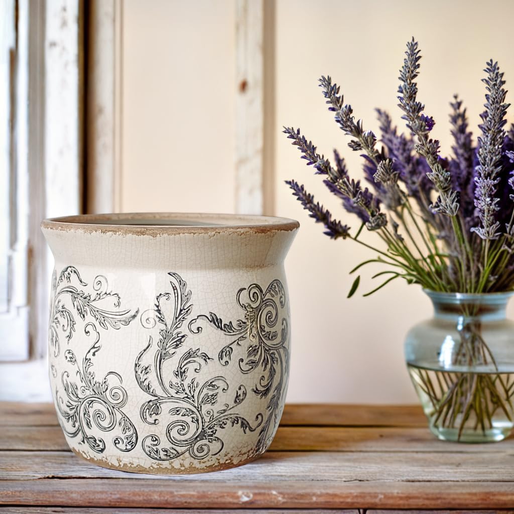Rustic Ceramic Pots for Plants, 6.21in. Vintage Crackle Glazed Planters for Indoor & Outdoor Plants with Drainage Hole, Unique Planting Pots for Gardening, Tuscan Decor Plant Pots Indoor, Scroll Gray
