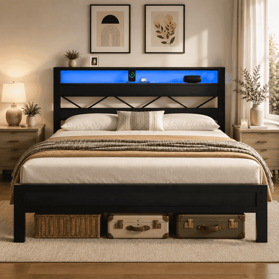Queen Bed Frame with LED Light & Charging Station, Storage Headboard Metal Platform Bed, Heavy Duty Support, No Box Spring Needed, Black