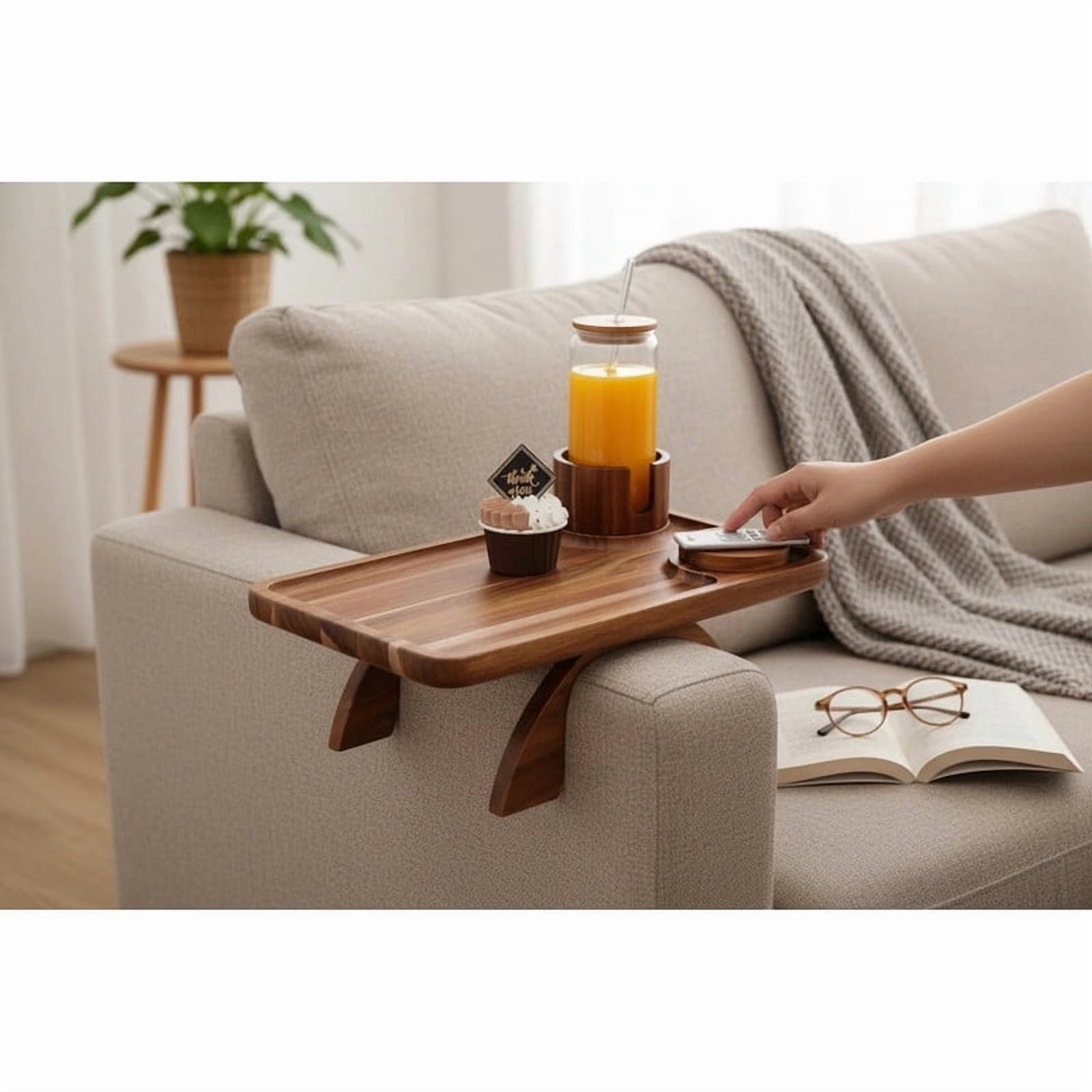 Gianna Sofa Arm Tray,3-in-1 Clip-On Table TV Tray with Rotating Cup Holder and Phone Stand, Brown