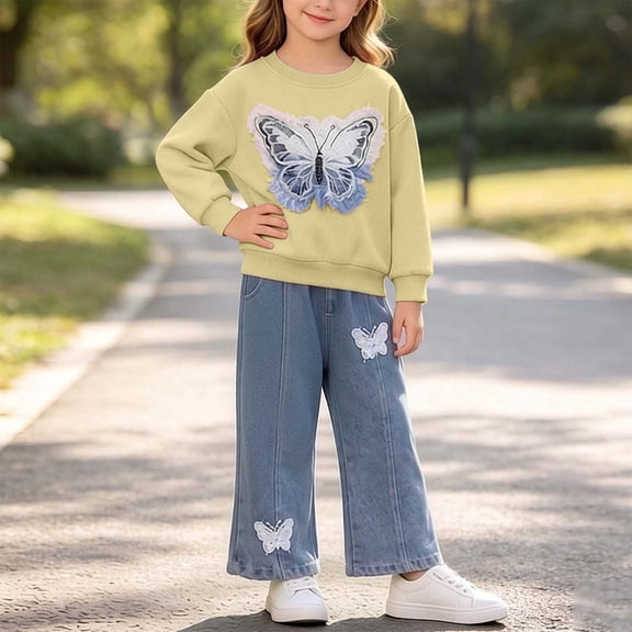 Amidoa Girls 2 Piece Outfits Fall Winter Clothes Long Sleeve Sweatshirt and Casual Pants Kids Clothing Sets Yellow Size 0-1 Years