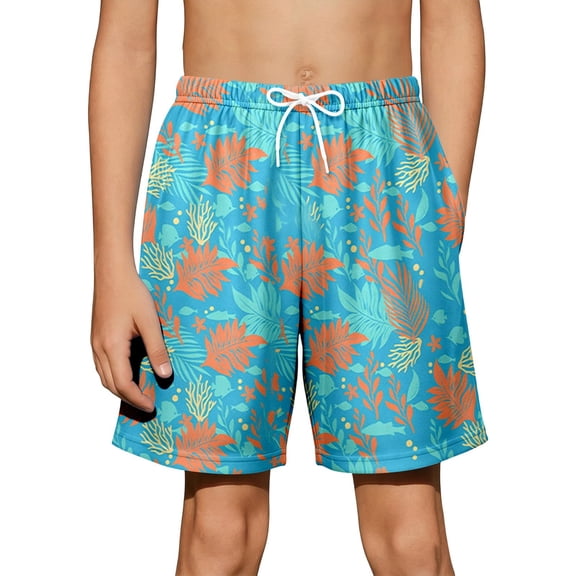 Rggeeun Child Boys Shorts Colorful Leaves Pattern Elastic Waist With Adjustable Tie & Side Pockets Loose Fit Wide Leg Knee Length For Summer Everyday Wear Adorable Bottoms,Blue,7-8 Years