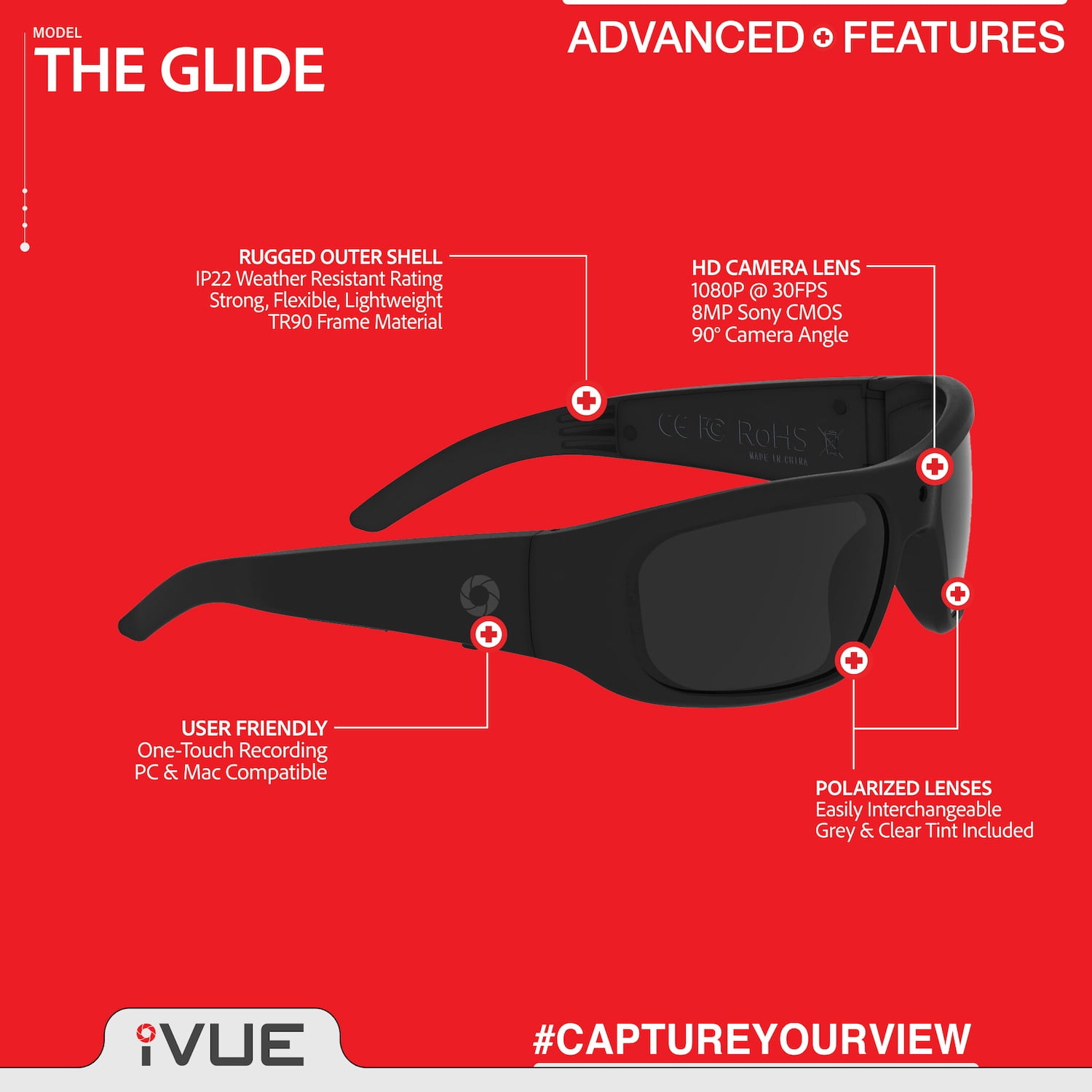 Glide 1080P HD Camera Glasses, Video Recording Sunglasses DVR Eyewear, 30fps, 64GB Memory