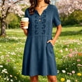 thumbnail image 2 of Bxsruta Women's Embroidered Short Sleeve V Neck Smock Dress Casual A Line Tunic with Pockets Cocktail Length Pull on Loose Fit for Summer Vacation Everyday Wear, 2 of 7