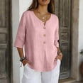 thumbnail image 2 of OIOLOYJM Linen Shirts for Women 3/4 Sleeve V Neck Casual Blouses Spring Summer Oversized Outfits 3 Button Pleated Front Pullover Tops Pink S, 2 of 6