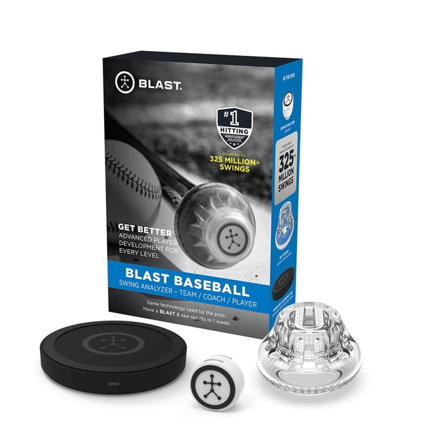 blast baseball - analizador de columpio (sensor) multicolor vista centrada del sensor Beige con icono de figura, base de carga circular negra, accesorio transparente de montaje para bate y caja azul y negra sobre fondo blanco; dispositivo apto para capturar métricas de swing y video inteligente según especificaciones, y suele usarse para analizar sesiones de entrenamiento y compartir clips.