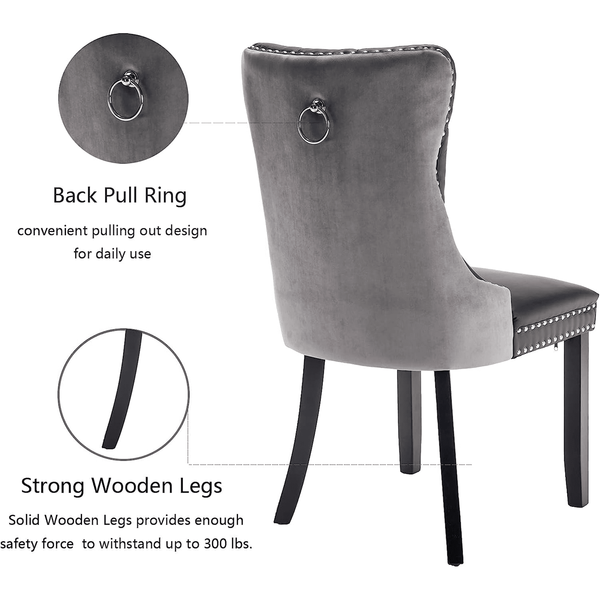 LegaHome Dining Room Chairs Set of 2, Modern Upholstered Velvet and PU Leather Dining Chair with Nailhead Trim and Solid Wood Legs, Tufted Button Padded Chairs Set for Kitchen Dining Room, Gray&Black
