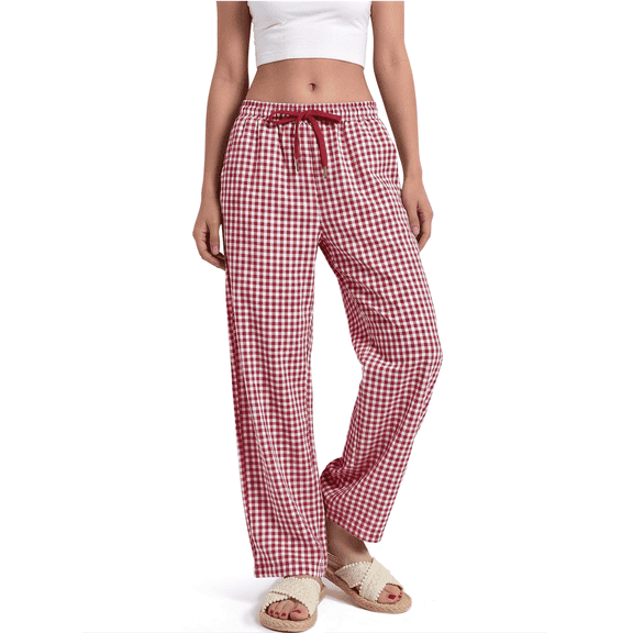 Sundazz Womens Gingham Pants Cotton Wide Leg Lounge Pants Cute Pajama Pants Comfy Casual Pants,Red,M