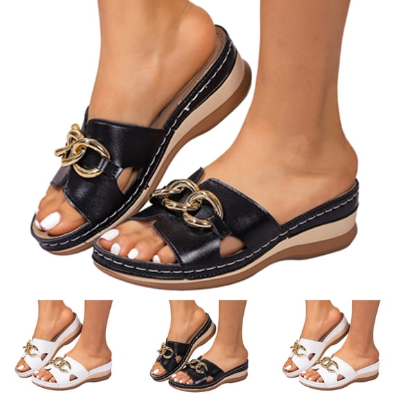 Dakaela Low Wedges Sandals for Women Comfortable Summer Slip on Slides with Arch Support Open Toe Beach Walking Slippers Shoes Size 6-10 Black
