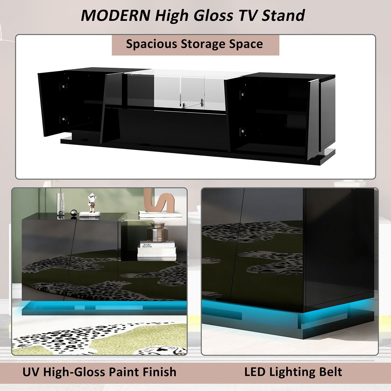 Kepooman TV Stand with Tempered Glass, TV Cabinet with Sorage and LED Color Changing Lights for Living Room, Black Kepooman TV Stand with Tempered Glass, TV Cabinet with Sorage and LED Color Changing Lights for Living Room, Black