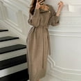 thumbnail image 5 of Autumn Winter Lady Dress Knitted High Collar Neck Protection with Belt Long Lantern Sleeves Ankle Length Button Decor Solid Color Maxi Dress, 5 of 8