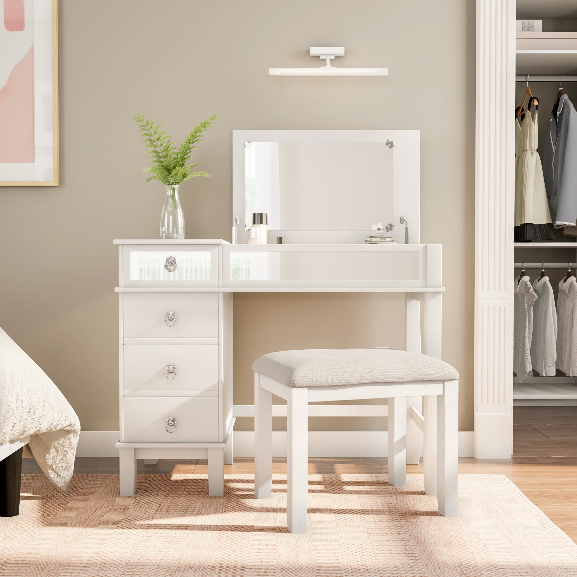 Linon 2 Piece Adult Timeless Storage Vanity and Stool Table Set White