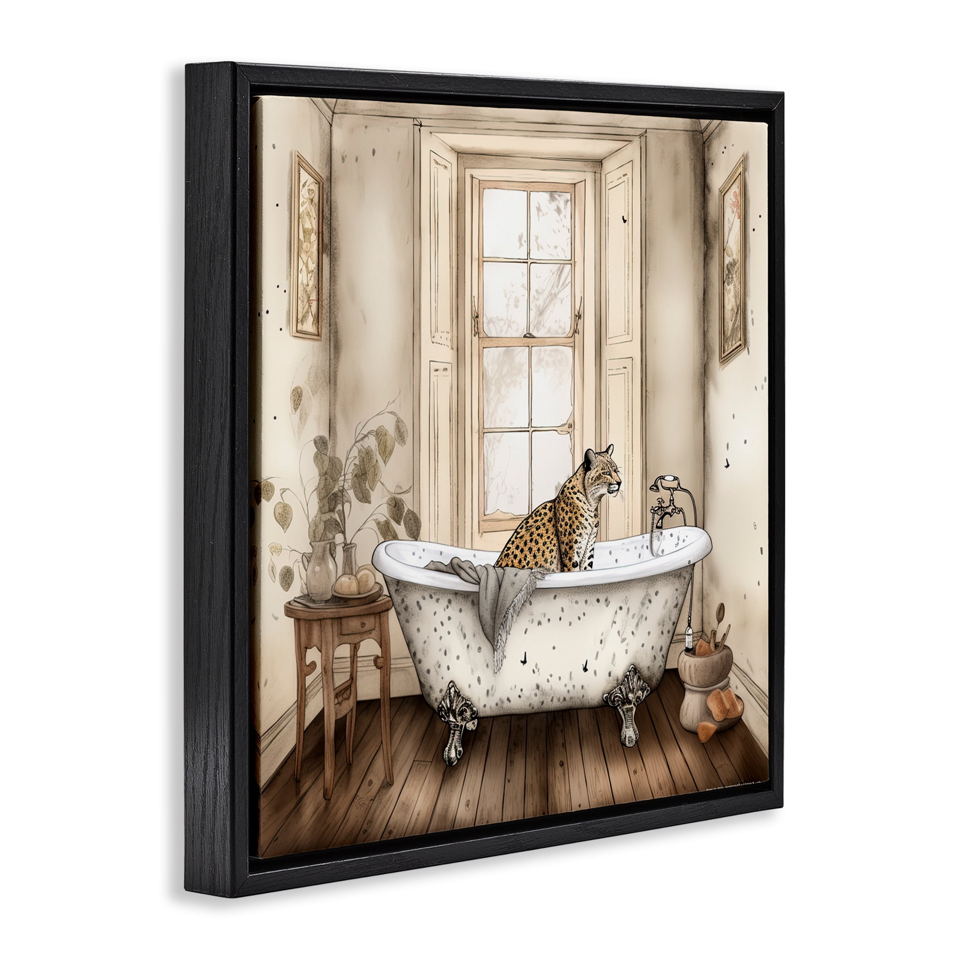 Neutral Leopard Bathtime Black Framed Floater Canvas Wall Art, design by Sasha