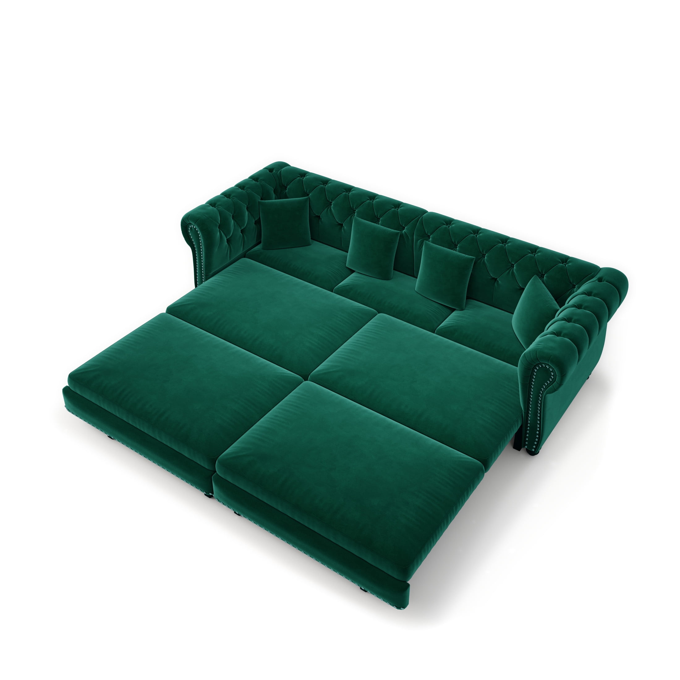 Noble House Ulwick Velvet Chesterfield Pull-Out Sofa Bed, 3-in-1 Convertible Sleeper Couch with Movable Ottoman, Green