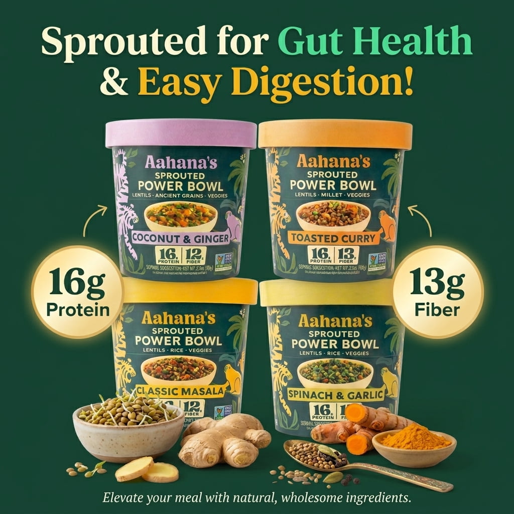 Aahana's Sprouted Power Bowls | Lentil Bowl, Vegan Gluten-Free Meals Ready-To-Eat| High Protein, High Fiber, 18g Protein| Indian Vegetarian Meal | No Refrigeration Required| Just Add Water (8 Pack)