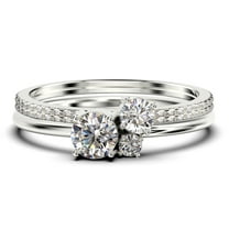 Unique 3 Stone Minimalist 1.55 Carat Round Cut Diamond Moissanite Engagement Ring, Trilogy Ring, Wedding Ring in 925 Sterling Silver With 18k White Gold Plating, Trio Set, Matching Band