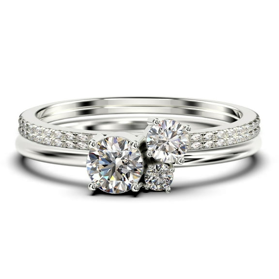 Unique 3 Stone Minimalist 1.55 Carat Round Cut Diamond Moissanite Engagement Ring, Trilogy Ring, Wedding Ring in 10k Solid White Gold, Trio Set, Matching Band, Anniversary Ring