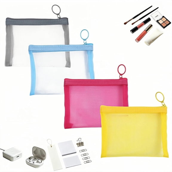 4 Pack Mini Mesh Zipper Bags 5"x4" - Small Nylon Pouches for Travel, Clear See-Through Makeup Case, Durable Purse Organizer for Toiletries & Small Items, Multicolor