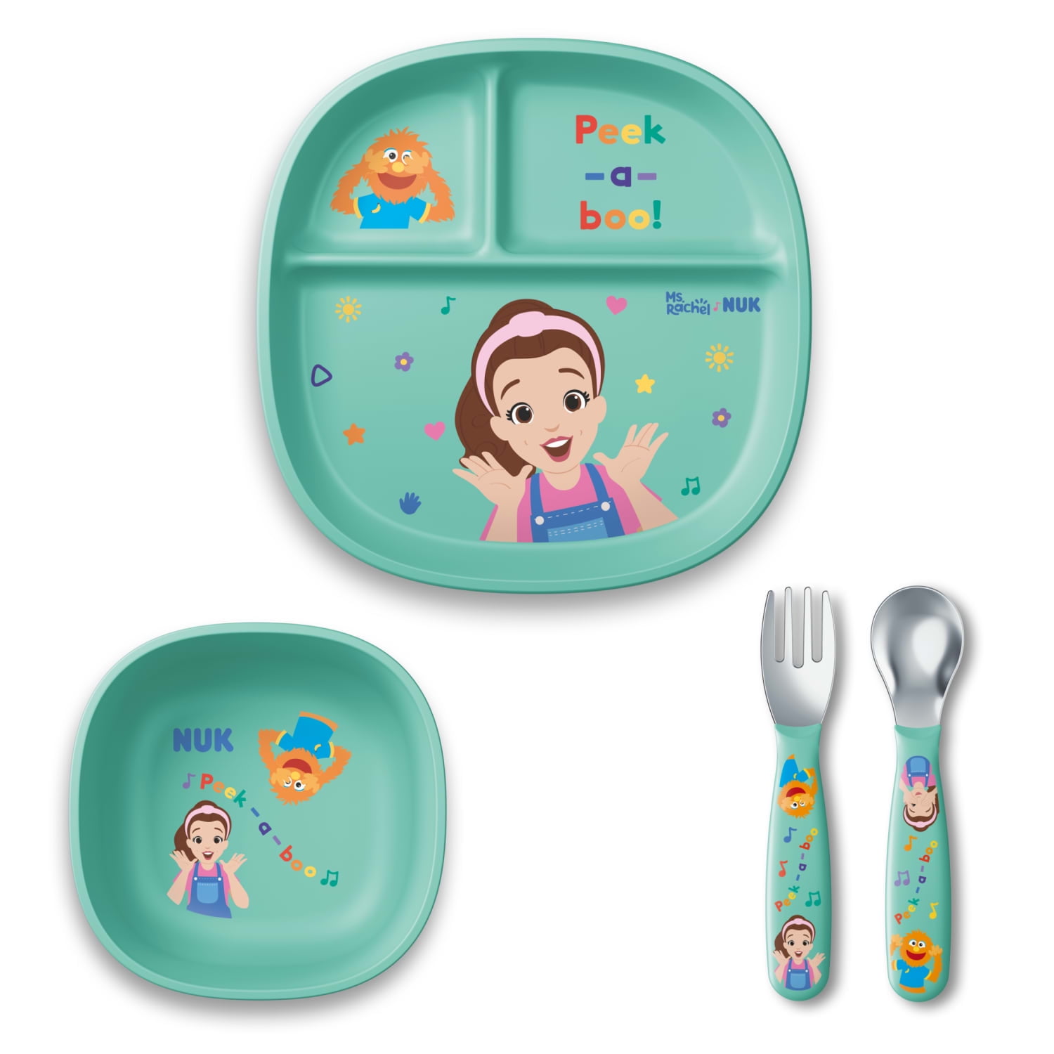 NUK Ms. Rachel Toddler Kids Tableware Set with Bowl, Spoon and Fork, 4-Piece
