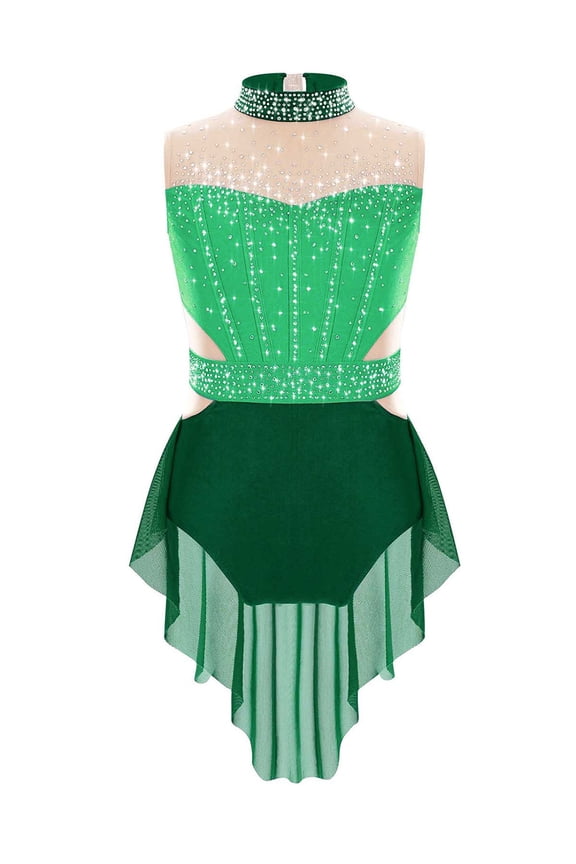 Girls Sparkly Figure Skating Dress Mesh Skirt Ballet Leotard Lyrical Dance Clothes Dark Green 10