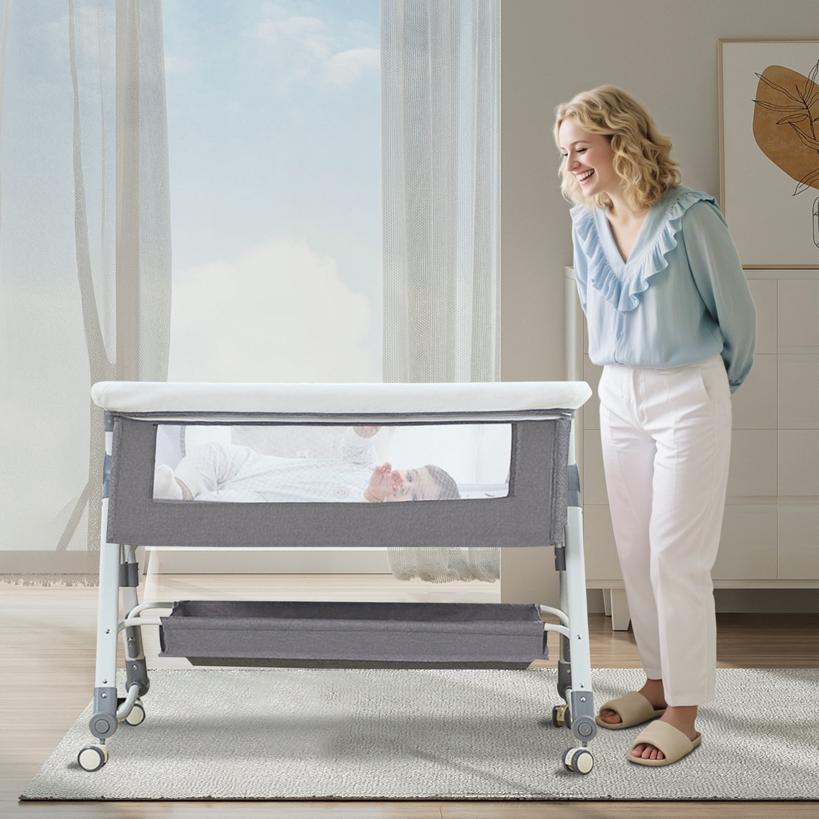 KFeng Baby Bassinet with Changing Table & Wheel,Adjustable Height for 0-36 Months,Gray