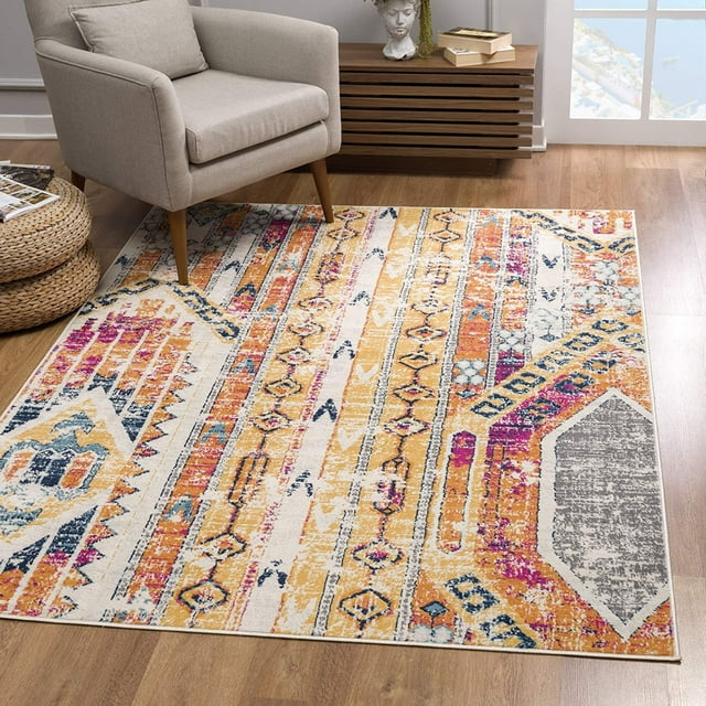 homeroots home decor 392963 2’ x 4’ Gold and Ivory Distressed Tribal Area Rug