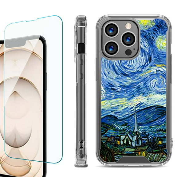 Shockproof Bumper Phone Case for iPhone 13 Pro Max, with Tempered Glass Screen Protector, by OneToughShield ® - Starry Night Paris