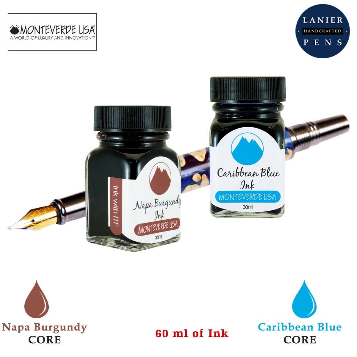 Monteverde 60ml Core Fountain Pen Ink Bottle (30ml Napa Burgundy Ink Bottle G309NB, 30ml Caribbean Blue Ink Bottle G309CU)
