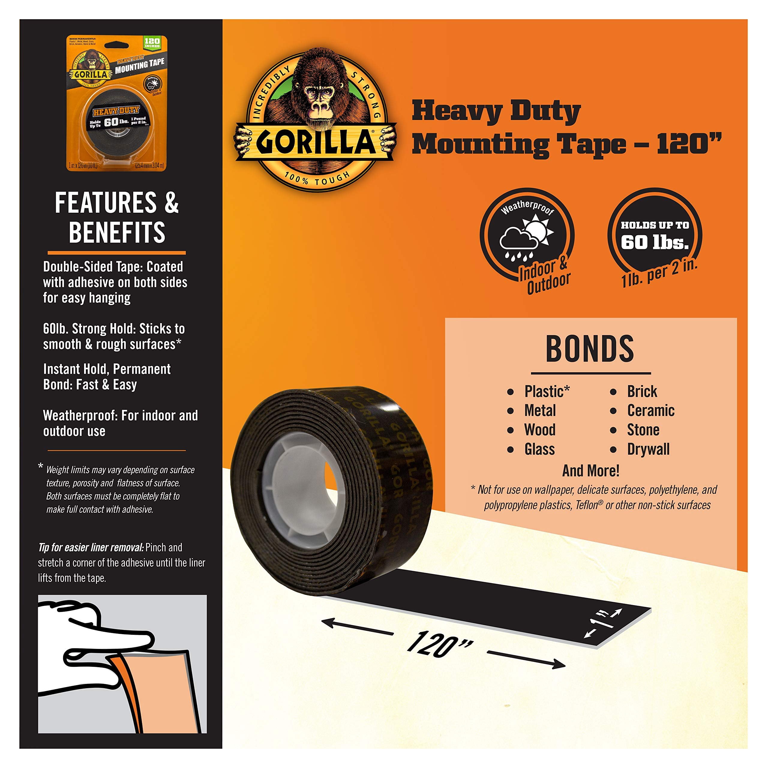 Gorilla Heavy Duty Double Sided Mounting Tape - Extra Long - 12 Pack, 1 in x 120 in, Black