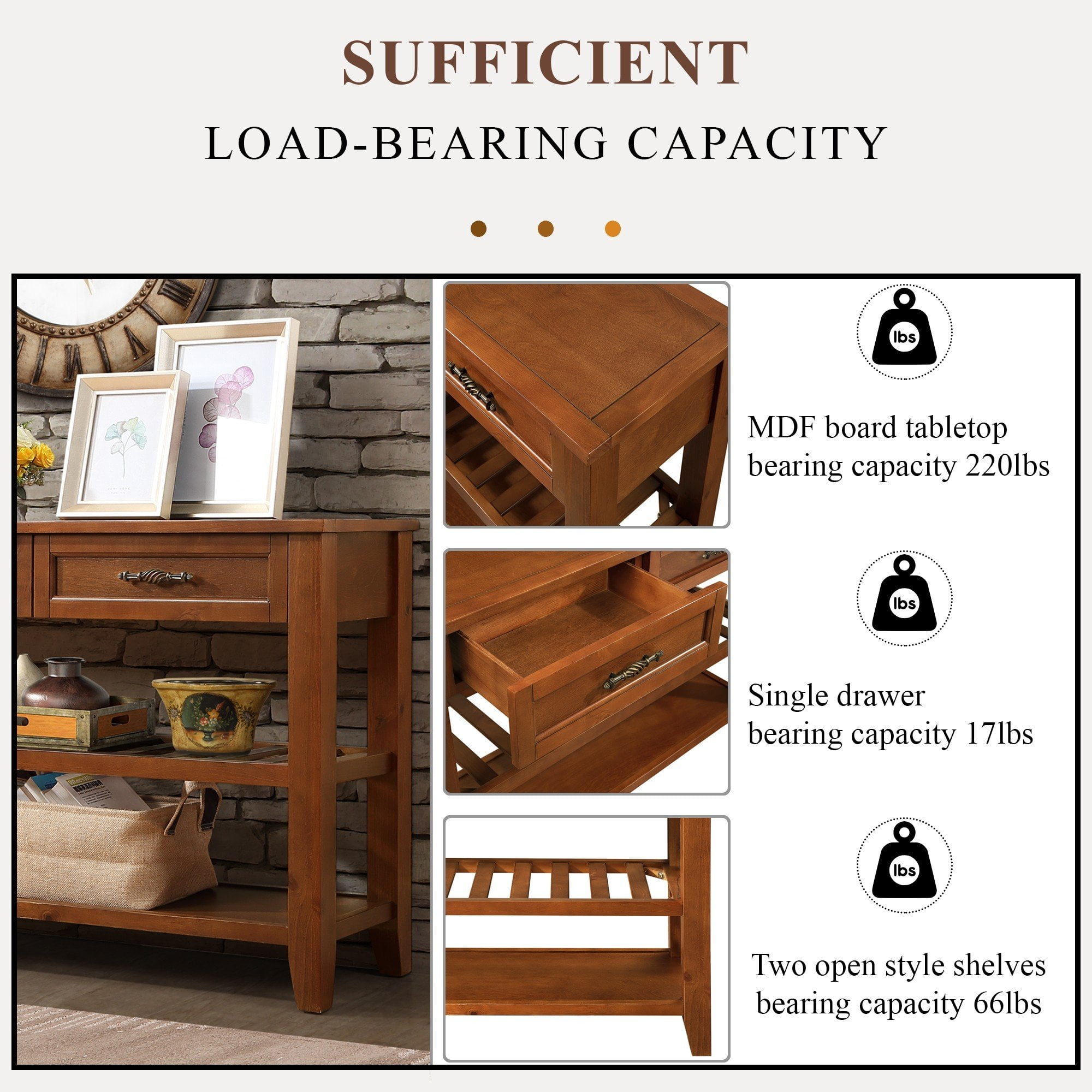 42 Inch Solid Wood Mid-Century Console Table with 2 Drawers & Shelves – Entryway Sofa Table, Sideboard,Brown
