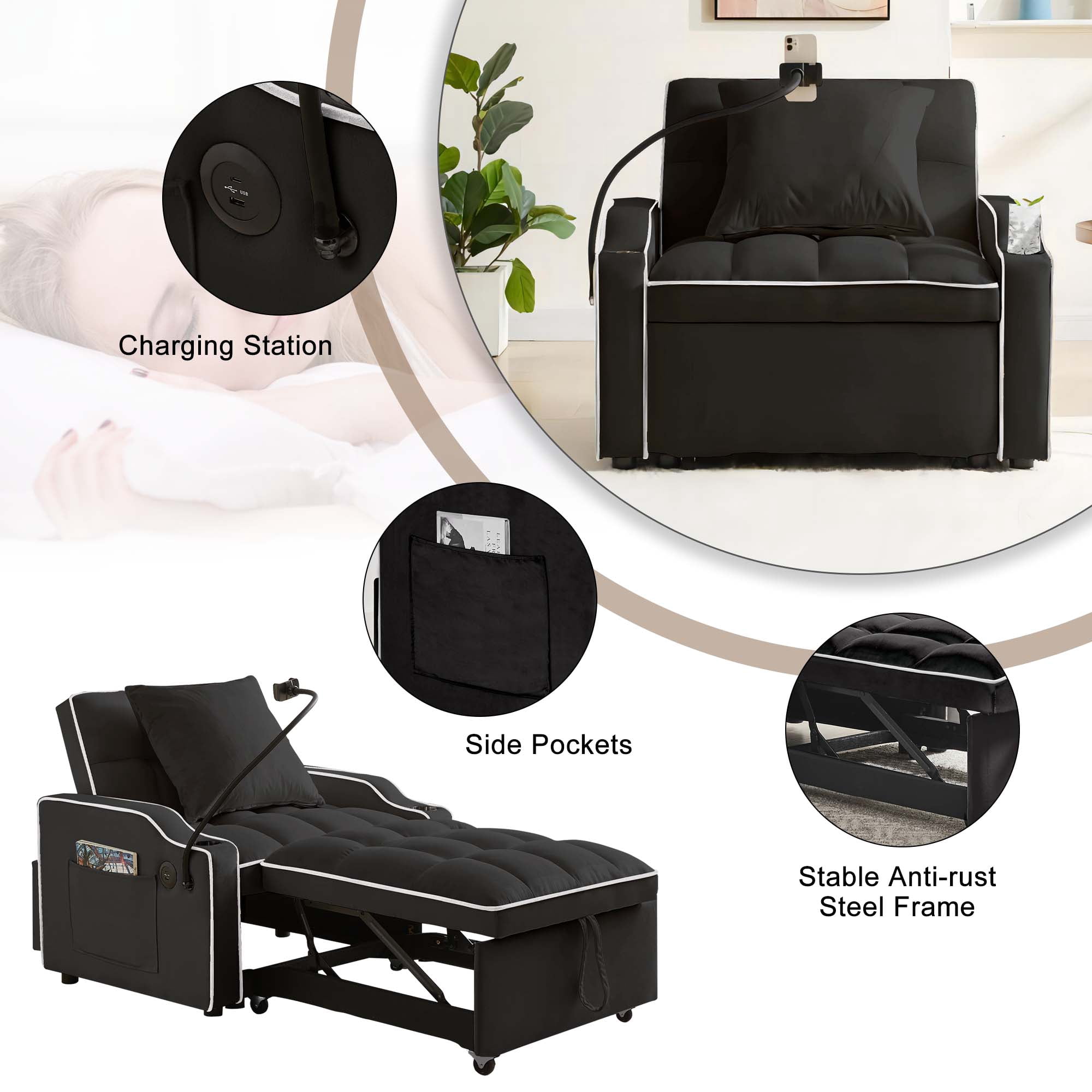 Aukfa Sleeper Chair Bed, Convertible Pull Out Sofa Bed with USB Port, Cup Holders and Swivel Phone Holder, Black