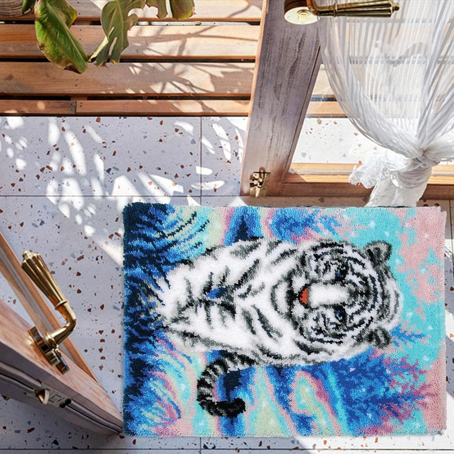 ShowNiceArt Latch Hook Rug Kit DIY Rug, White Tiger | Carpet Needlework Home Decoration Latch Hook Kits for Adults for Christmas, 20*15in