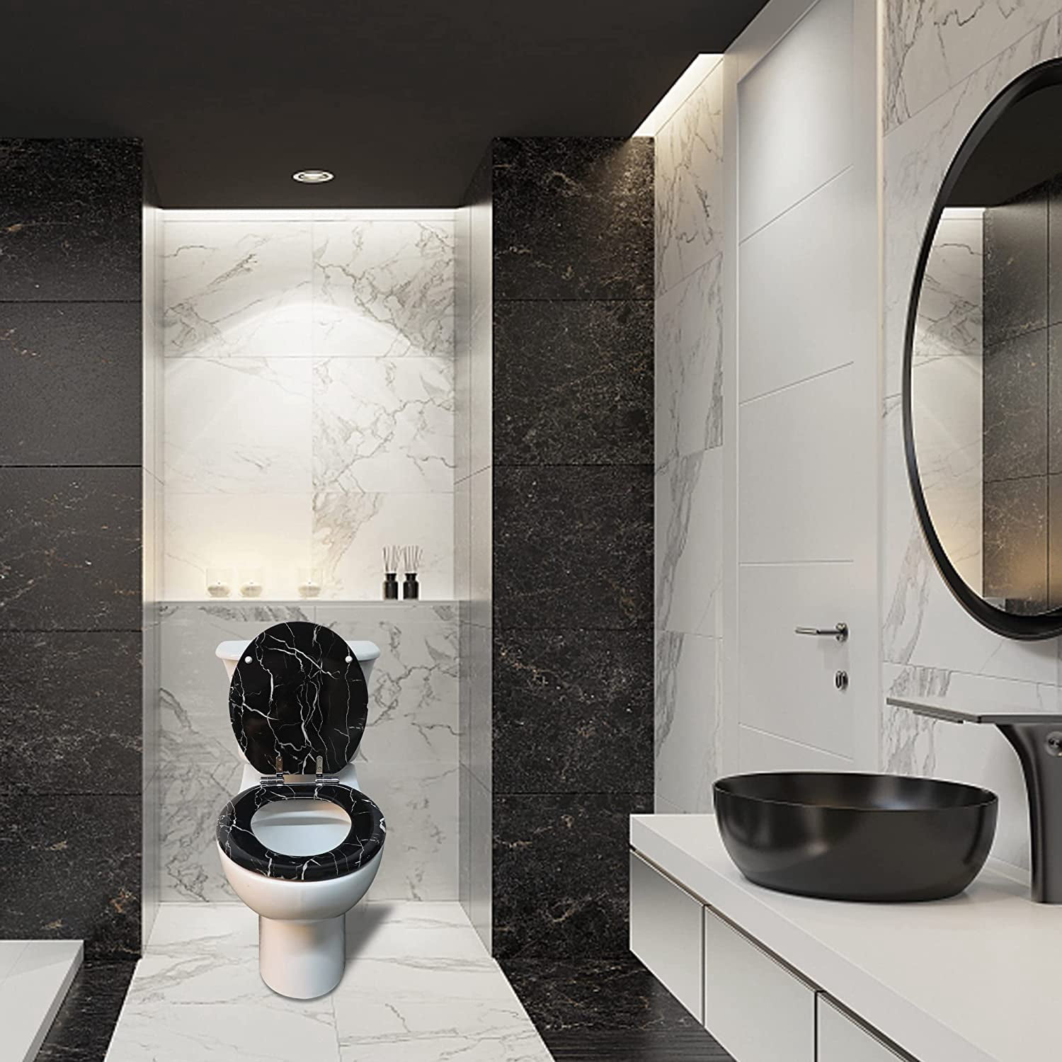 Marble Toilet Seat Durable Molded Wood with Quiet Close,Easy Clean，Quick-Release Hinges (Elongated,Black Marble)