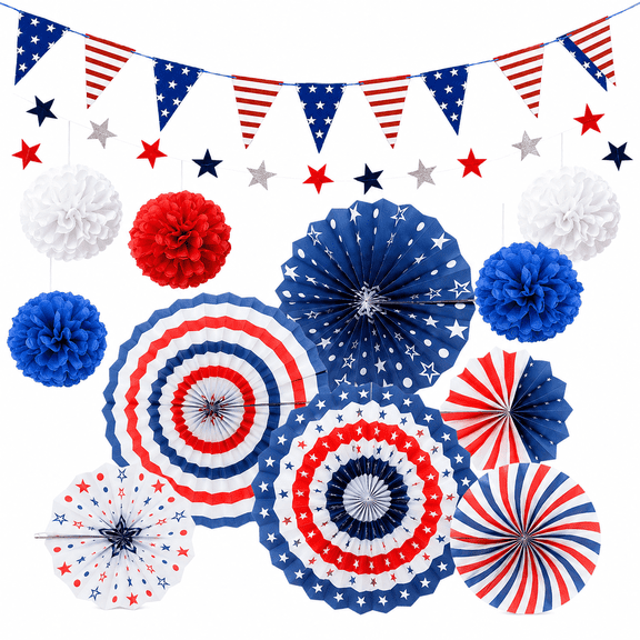 4th of July Decorations Patriotic Party Set Independence Day Fourth of July American Flag Party Supplies Hanging USA Flag Pennant Bunting Party Favors 14 Pcs