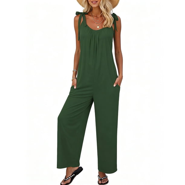 TaTaai Women's Summer Sleeveless Jumpsuit Solid Color Wide Leg One Piece with Side Pockets Tie Detail and Pleated Accents Casual Long Pants for Daily Wear Gift