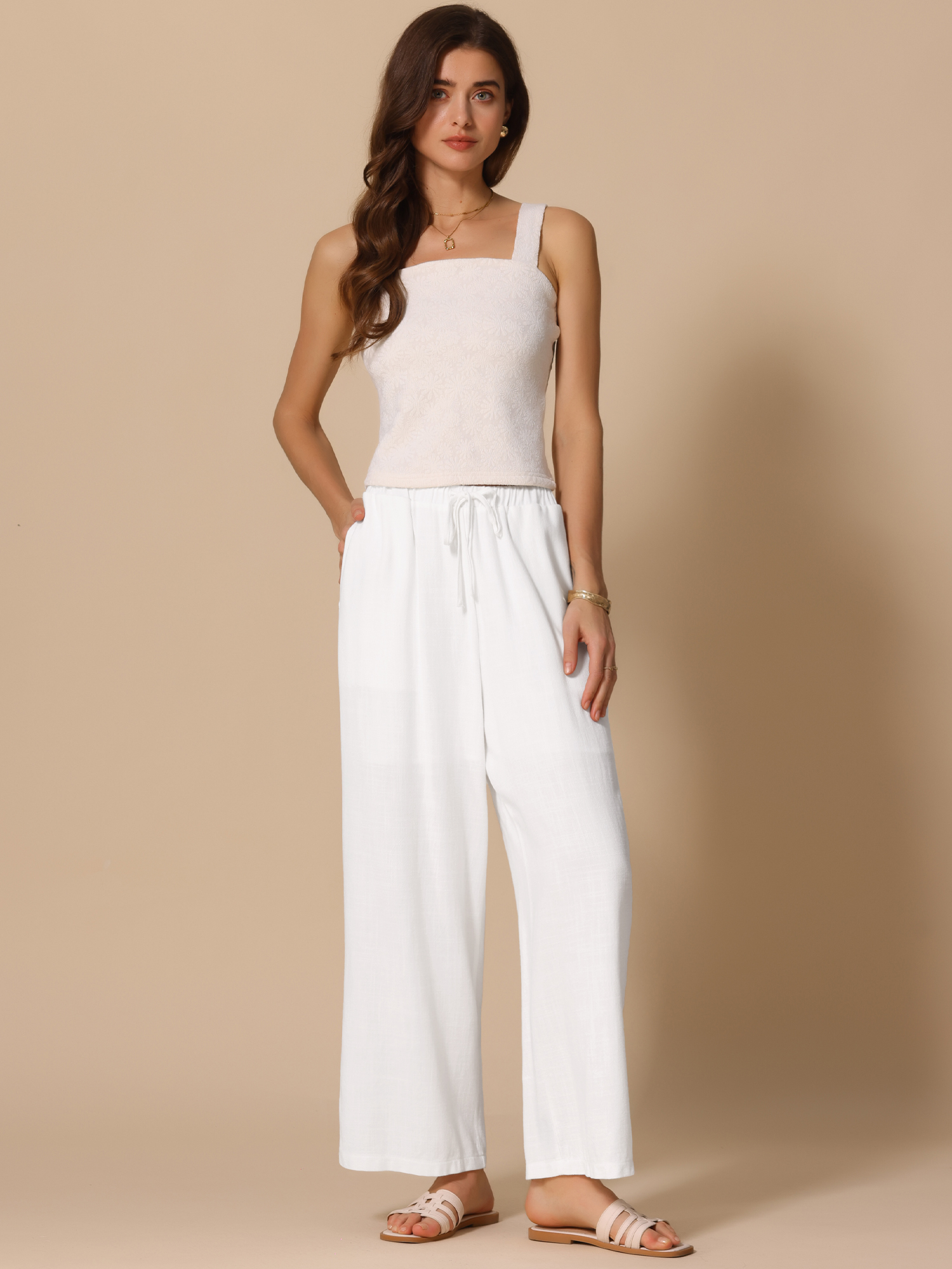 DARING DIVA Women's High Waist Drawstring Palazzo Pants XL White