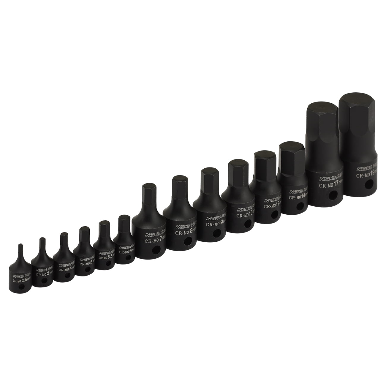 NEIKO 01141B Allen-Bit Socket Set, Metric Socket Set, 2.5 mm to 19 mm, 1/4-Inch, 3/8-Inch, and 1/2-Inch Drive, CrMo Steel, Impact-Grade, 14-Piece Set