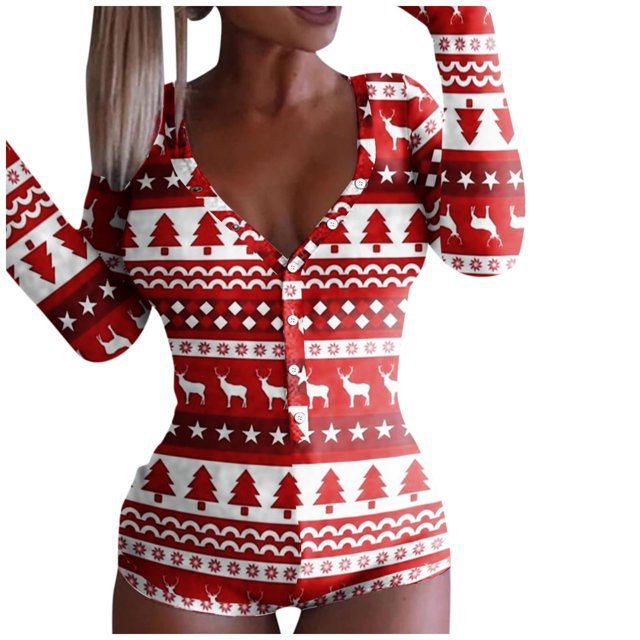 Pijama de una pieza con solapa para mujer, estampado navideño, ropa de dormir Sexy con solapa en el trasero, peleles con cuello de botón bonito, mono para dormir Fridja hfkajh102732