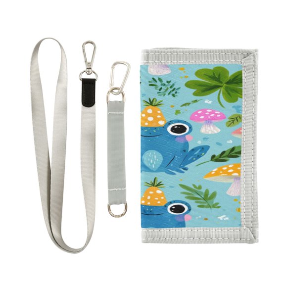 Nylon Fabric Wallet Compact Bifold With Zipper Coin Pocket Card Slots And Detachable Keychain Lanyard Frogs & Clovers