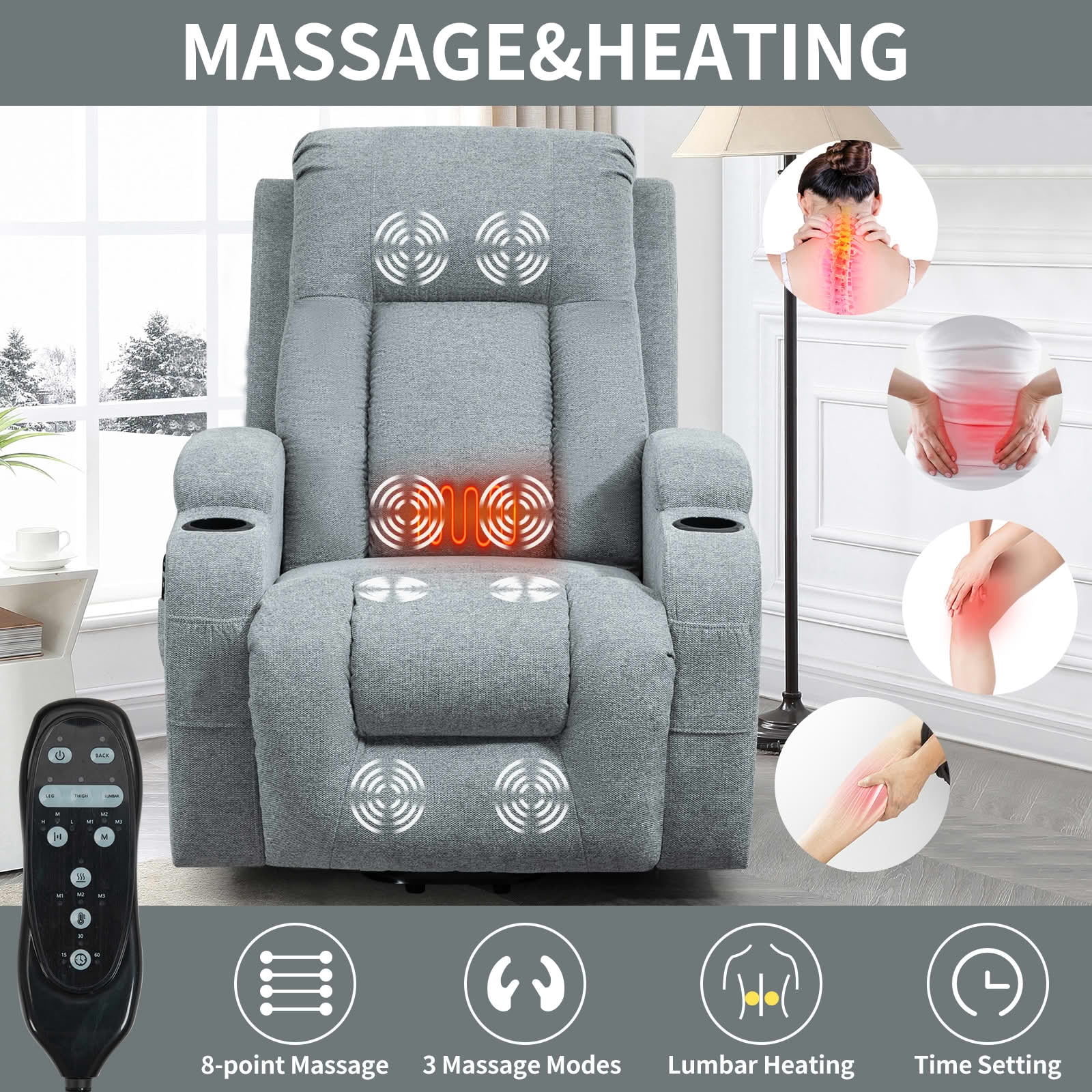 MAYEERTY Gray 350 lbs Single Motor Power Lift Recliner Chair, 8-Point Massage Heat USB Cup Holders for Elderly Living Room