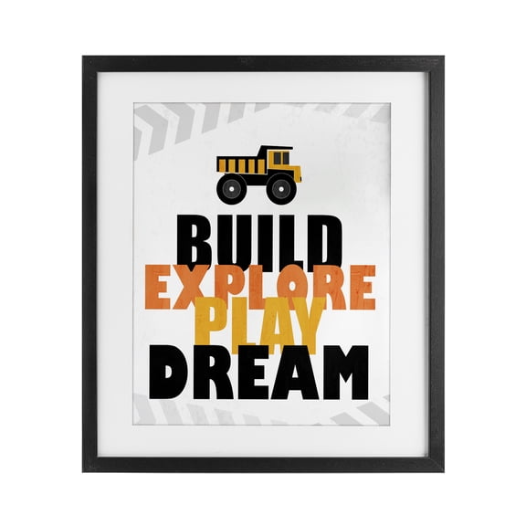 Build Explore Play Dream Black Framed Print Under Glass, design by Kim Allen
