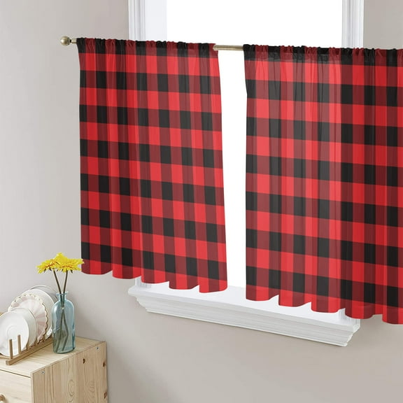 Red Black Buffalo Plaid Sheer Curtains 54 Inches Length 2 Panels Set, Window Sheer Curtains for Living Room/Bedroom, Black Red Checkered Light Filtering Rod Pocket Curtain 52'' x 54'' x 2